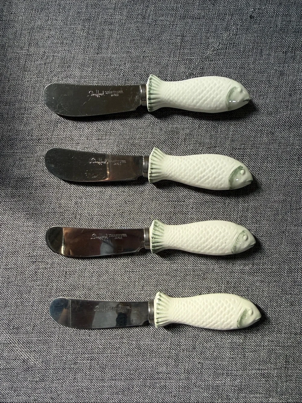 Vintage Shafford Fish-Handle Butter Knife - White Porcelain Handle (Set of 4)